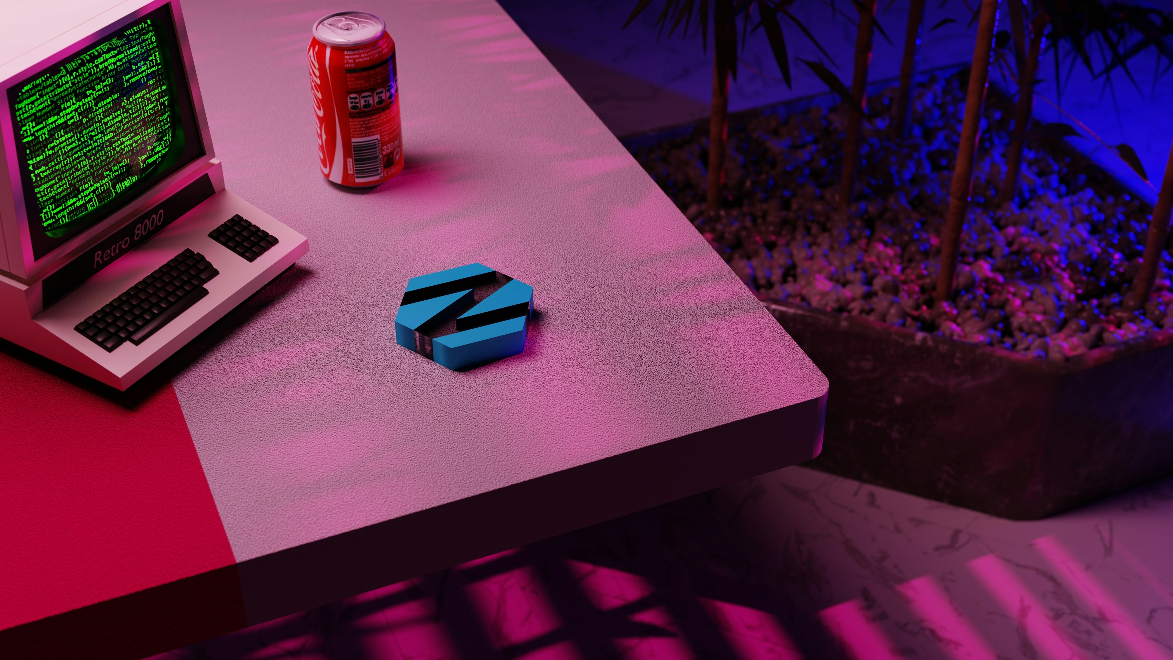 A retro computer on a neon-lit table